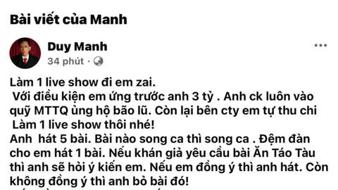 Tuấn Hưng thách làm liveshow để ủng hộ đồng bào lũ lụt và lời hồi đáp "ứng trước 3 tỷ" của thợ hát Duy Mạnh