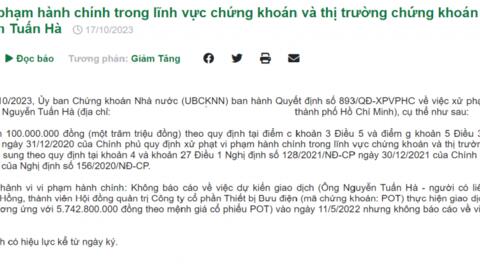 Mua “chui” cổ phiếu POT, một cá nhân bị phạt 100 triệu đồng