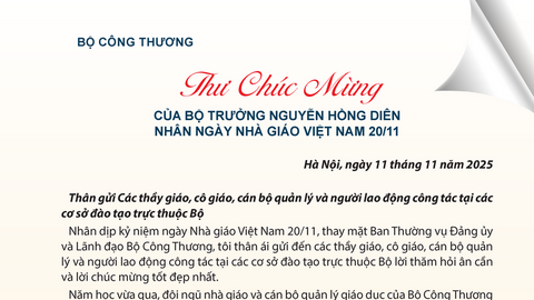 Bộ trưởng Nguyễn Hồng Diên gửi thư chúc mừng nhân Ngày Nhà giáo Việt Nam 20/11