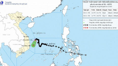 Áp thấp nhiệt đới đang suy yếu thành vùng áp thấp trên khu vực biển Đắk Lắk-Khánh Hòa