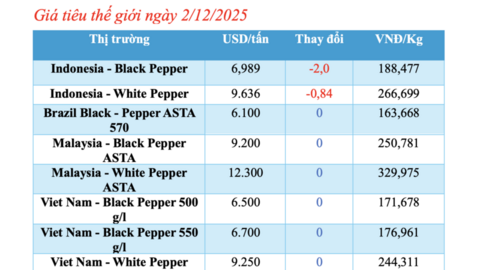 Giá tiêu hôm nay 2/12/2025: Đồng loạt giảm mạnh