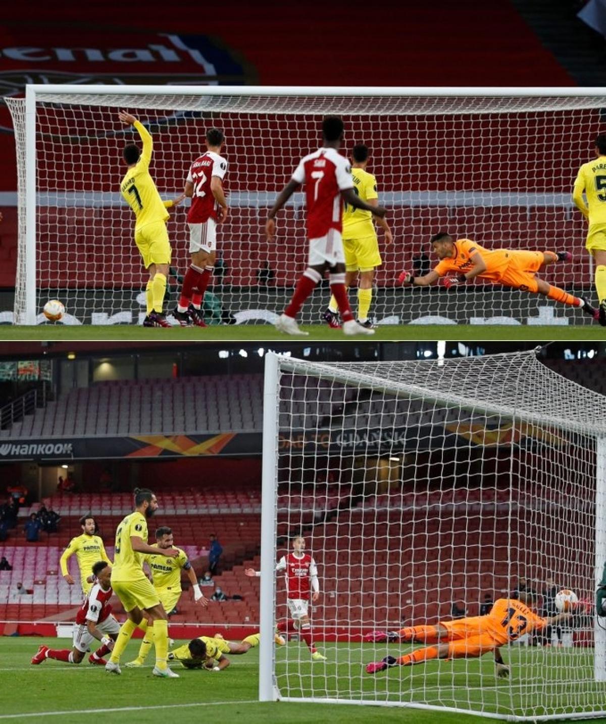 Aubameyang 2 lần dứt điểm trúng cột dọc. (Ảnh: UEFA)