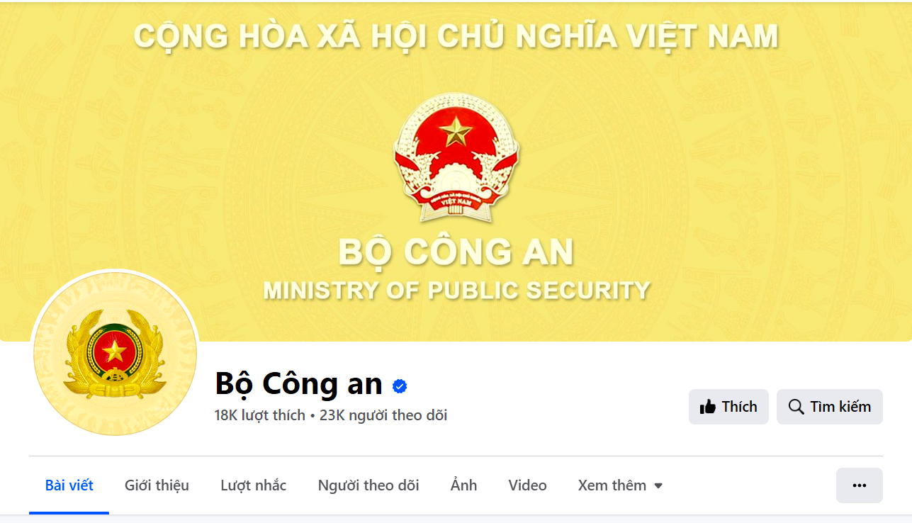 Trang thông tin chính thức của Bộ Công an trên nền tảng mạng xã hội Facebook. Ảnh chụp màn hình