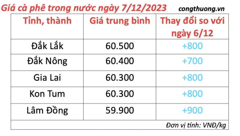 Giá cà phê hôm nay, ngày 7/12/2023: Giá cà phê trong nước