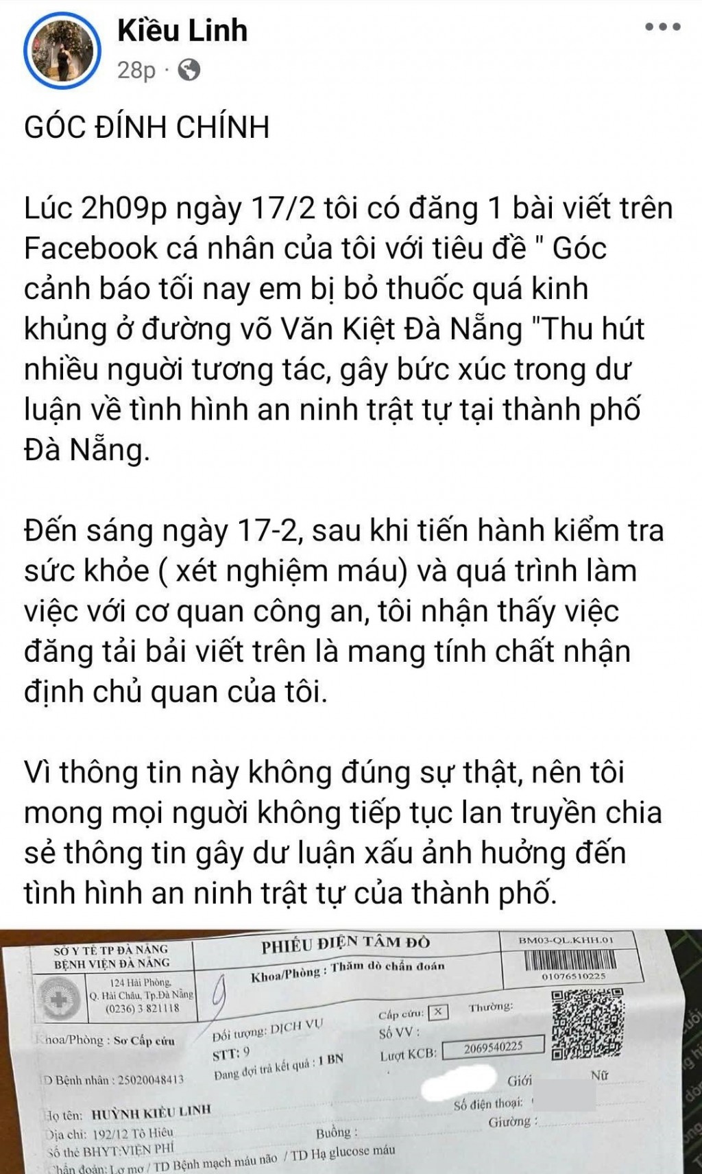 Bài đăng đính chính lại thông tin do tài khoản