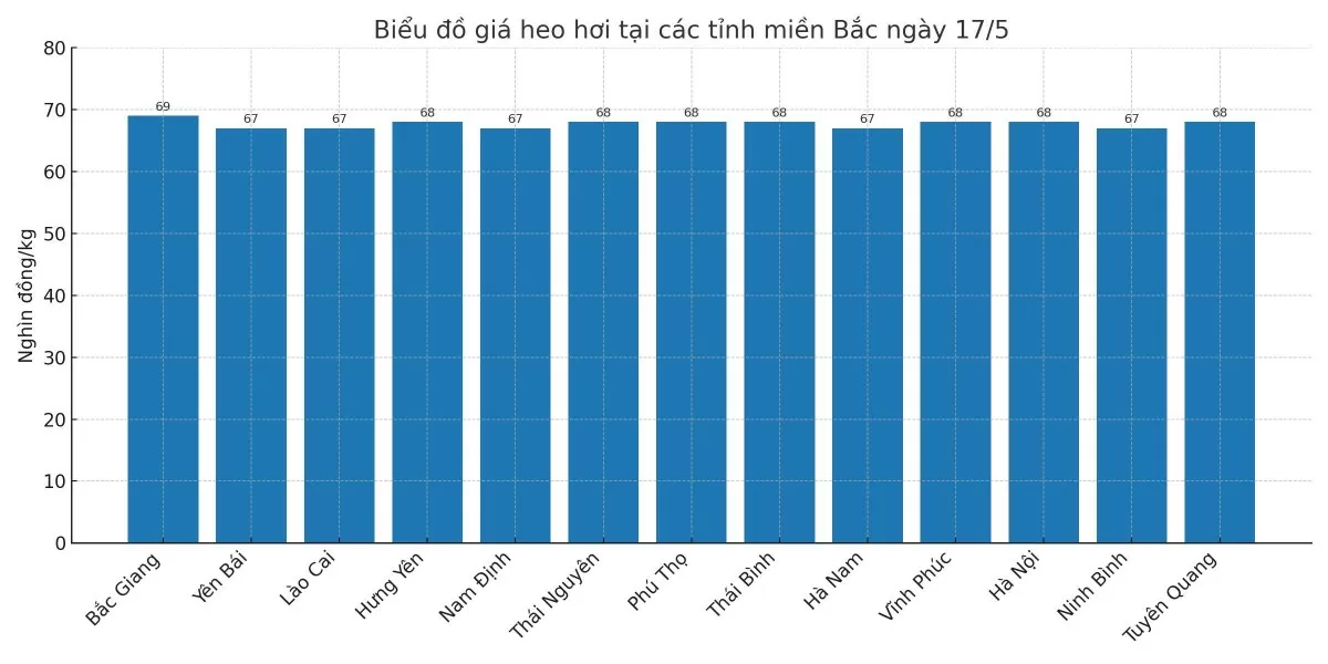 Biểu đồ giá heo hơi tại các tỉnh miền Bắc ngày 17/5.