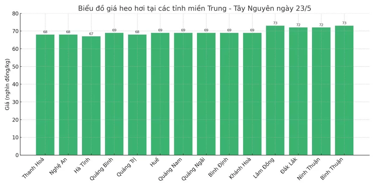 Biểu đồ giá heo hơi tại các tỉnh miền Trung - Tây Nguyên ngày 23/5. Biểu đồ giá heo hơi tại các tỉnh miền Trung - Tây Nguyên ngày 23/5.