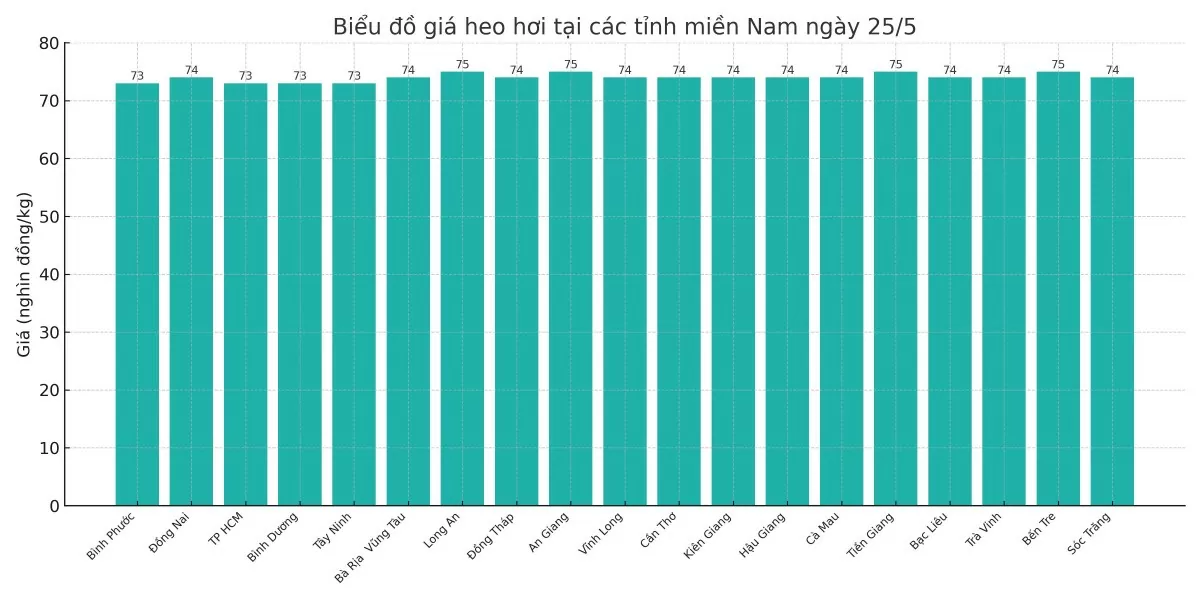 Biểu đồ giá heo hơi tại các tỉnh miền Nam ngày 25/5.