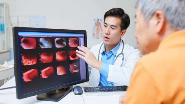 Một bác sĩ giải thích về xét nghiệm ung thư dạ dày cho một bệnh nhân lớn tuổi. (Ảnh: iStock)