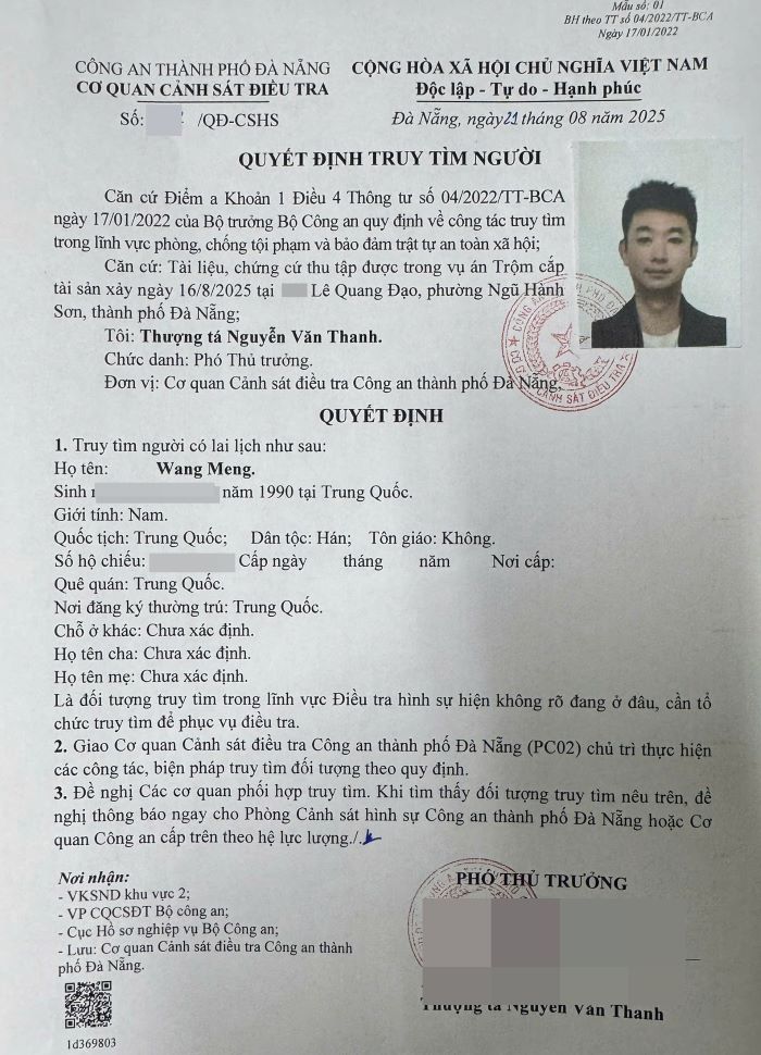 Phòng Cảnh sát hình sự ra quyết định truy tìm đối với Wang Meng. Ảnh: Công an cung cấp
