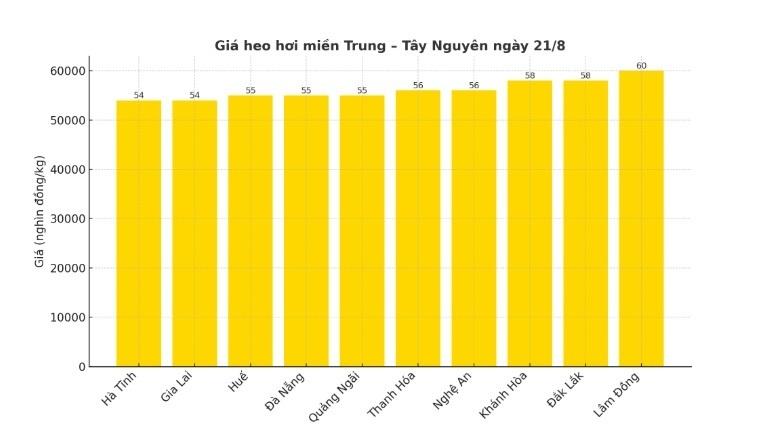 Biểu đồ giá heo hơi tại một số tỉnh, thành miền Trung - Tây Nguyên ngày 21/8.
