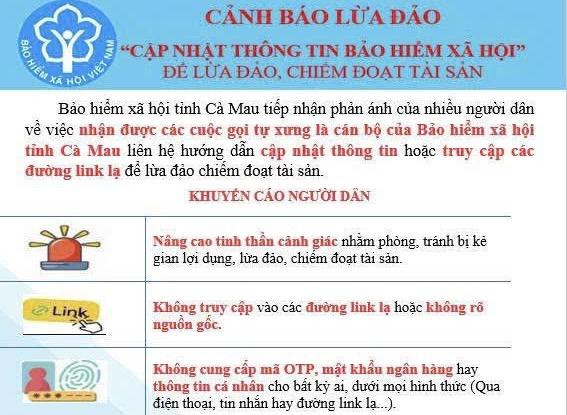 BHXH tỉnh Cà Mau canh báo tình trạng giả danh cán bộ nhân viên cơ quan BHXH để lừa đảo. Ảnh: BHXH tỉnh Cà mau cung cấp