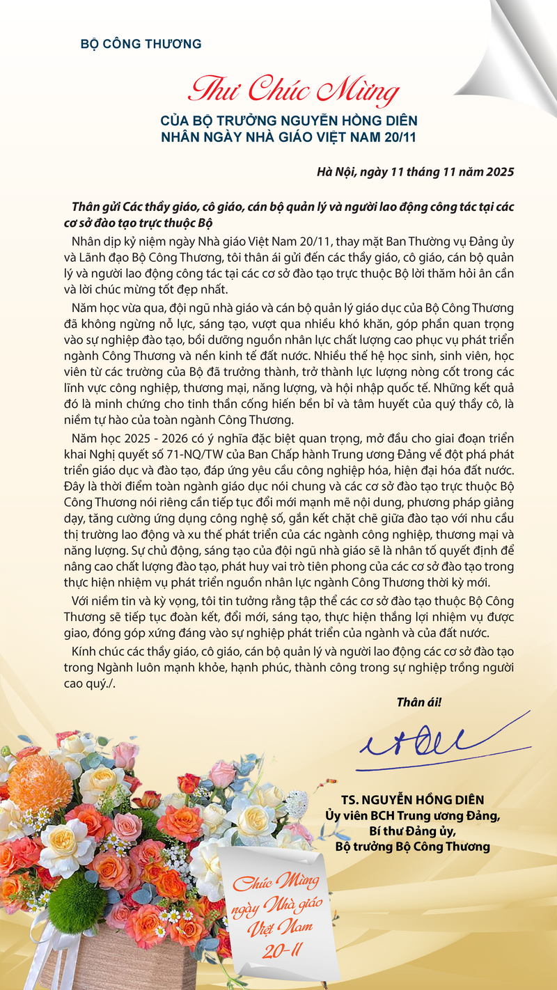 Bộ trưởng Nguyễn Hồng Diên gửi thư chúc mừng nhân Ngày Nhà giáo Việt Nam 20/11 - 1