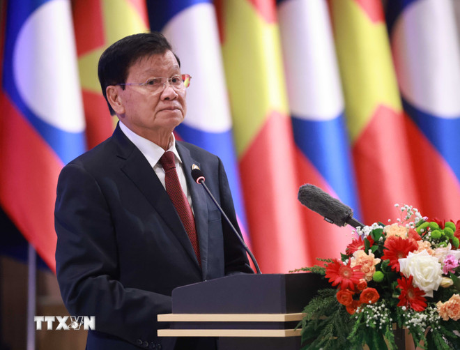 Tổng Bí thư, Chủ tịch nước Lào Thongloun Sisoulith phát biểu. Ảnh: TTXVN