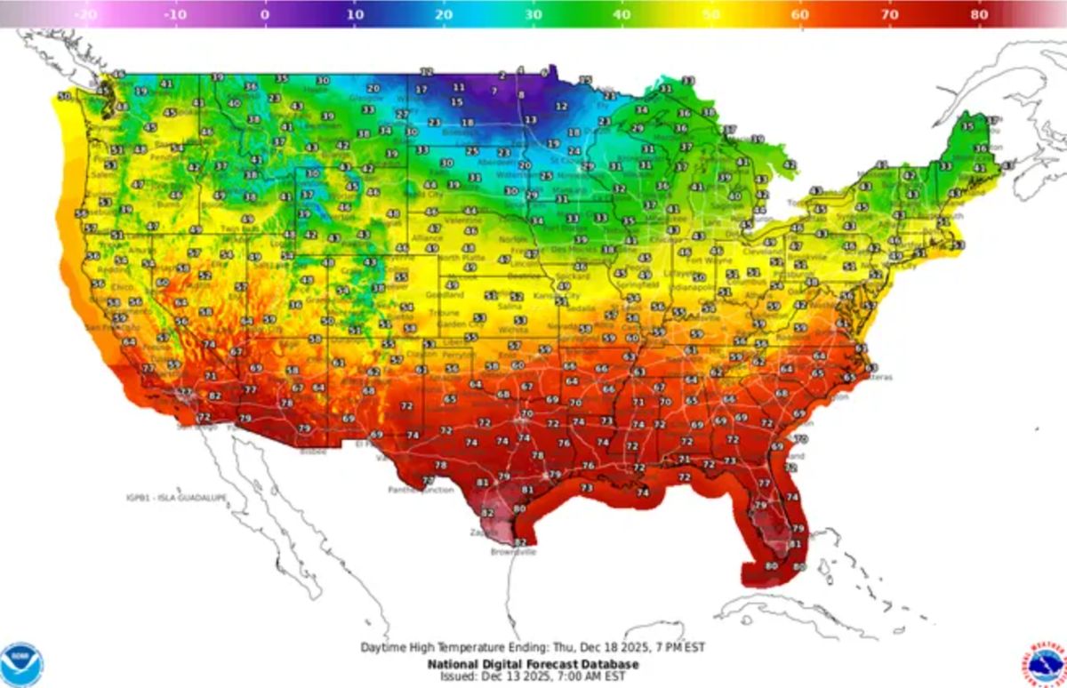 Dự báo nhiệt độ cao ở nhiều vùng của Mỹ ngày 18.12. Ảnh: NOAA