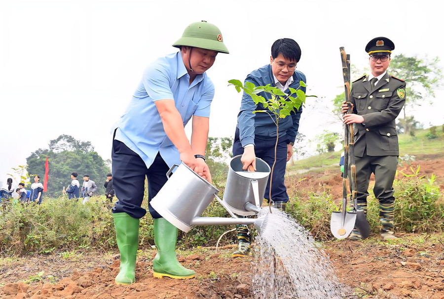 Bí thư Tỉnh ủy Tuyên Quang Hầu A Lềnh tham gia trồng cây tại Lễ phát động. (Ảnh: Thanh Phúc)