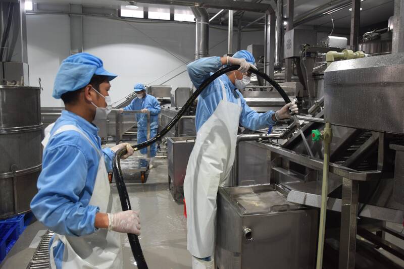 Công nhân Công ty cổ phần Chế biến nguyên liệu thực phẩm BHL Sơn La và Nhà máy chế biến thực phẩm VFI Sơn La trong ca làm việc đầu năm mới. Ảnh: Trường Sơn