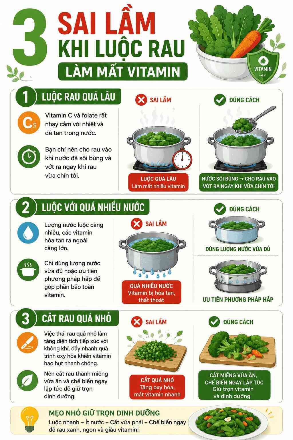 Infographic chi tiết 3 sai lầm phổ biến khi luộc rau làm mất đi lượng lớn vitamin và dưỡng chất thiết yếu của thực phẩm. Đồ họa: Trà My