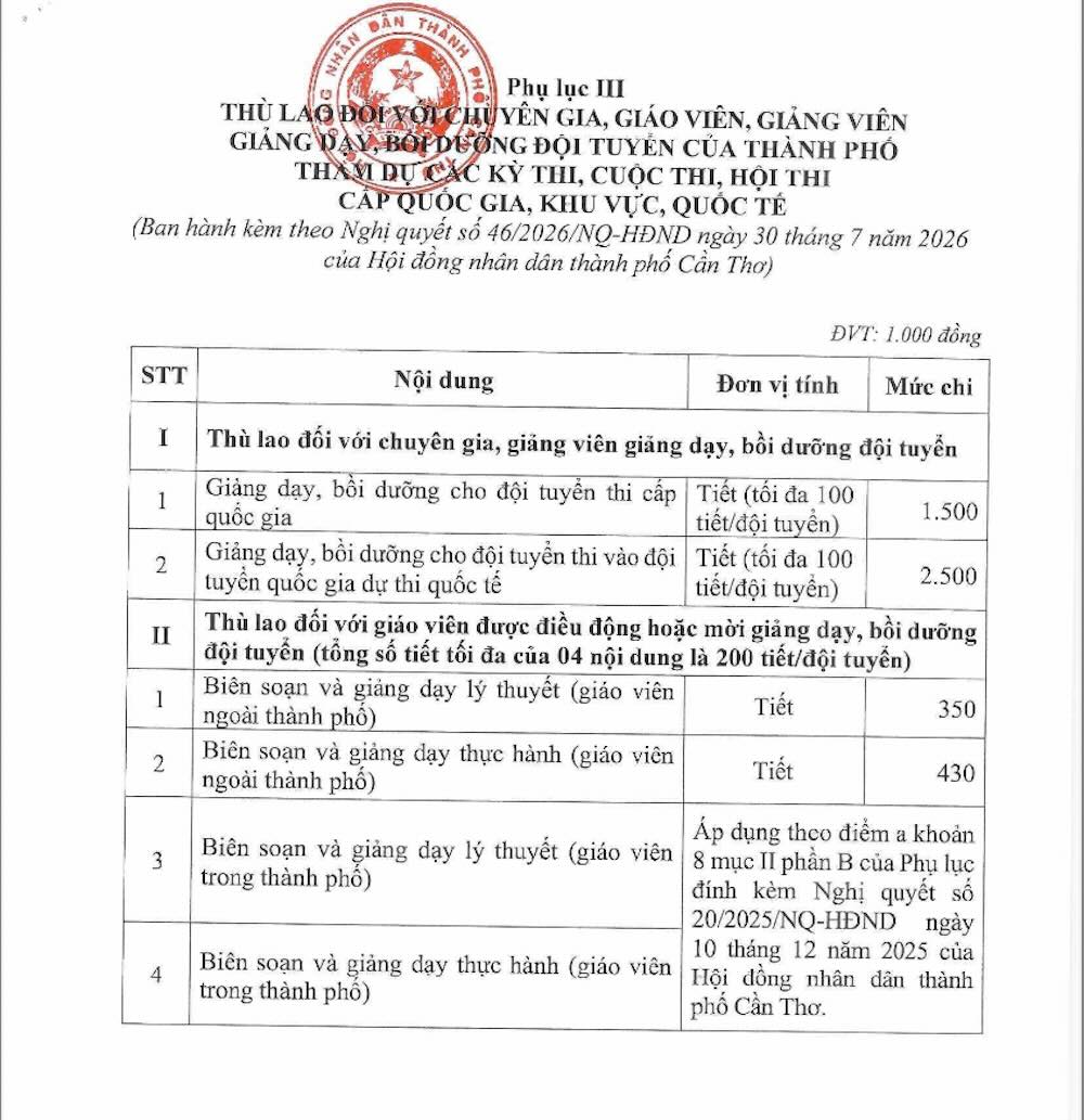 Chi tiết mức thù lao đối với nhóm chuyên gia, giáo viên, giảng viên. Ảnh chụp màn hình: Phong Linh.